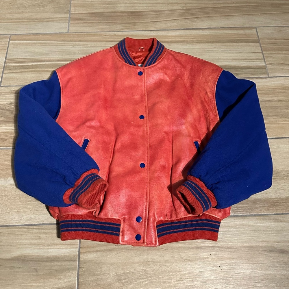 80s Vintage L.A Studio Wool Leather Varsity Jacket Sun Faded Red Quilted Korea M